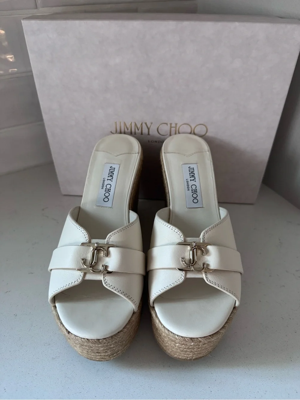 Jimmy Choo Leda Cream Leather Espadrille Wedge Sandals NIB